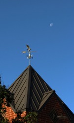 Eagle weather vane on peak of roof with the morning moon in background.