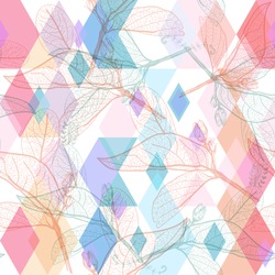 Leaves contours, Rainbow magenta pink orange turquoise lilac purple modern trendy floral seamless pattern pastel colors on white. hand-drawn Geometric abstract background for site blog fabric. Vector