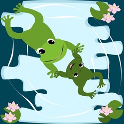 cartoon green frog swimming fun and lotus leaf amphibian vector illustration