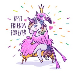 Unicorn with flamingo. Best friends forever. Vector greeting card