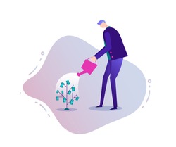 Vector business illustration, stylized character. Investment concept, businessman growing money tree, watering it. 