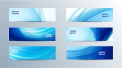 vector set of blue wavy banners, wave headers, flow, water
