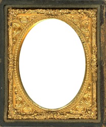 Ornate gold metal picture frame from the 1850s. This style frame was commonly used with Daguerreotypes, Ambrotypes and Tintypes.  In use 1840's-1860s (Victorian Era). Image contains Clipping Path.