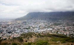 Cape Town overview before the rain. Table Mountain background. Overwhelming aerial shot. South African summer Cape Town, landscape. 