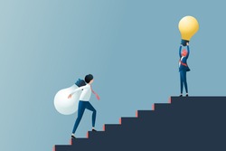 Business Idea, Solution and success concept.Businessman teamwork carrying light bulb on stairs.Paper art vector illustration.
