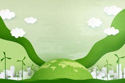 Paper art of Sustainability in green eco city, alternative energy and ecology conservation concept.Banner template background.Vector illustration.