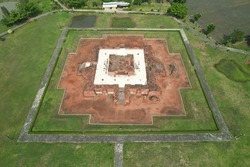 Karawang, West Java Indonesia July 24, 2022 : Aerial View of Blandongan Temple