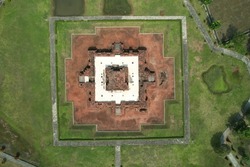 Karawang, West Java Indonesia July 24, 2022 : Aerial View of Blandongan Temple