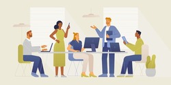 Business meeting team. People in open space coworking office concept design. Vector illustration for web banner, infographics, hero and characters images. Flat design, isolated on white background.