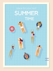 Top view, summertime, holidays poster. People swimming, relax, have a fun time in the pool. Vector cartoon illustration. Summer time poster. Flat design, trendy style. Young men and women