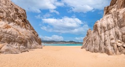 Mexico, Scenic travel destination beach Playa Amantes, Lovers Beach known as Playa Del Amor located near famous Arch of Cabo San Lucas in Baja California.