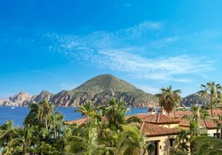 Scenic panoramic aerial view of Los Cabos landmark tourist destination Arch of Cabo San Lucas.