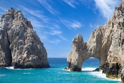Mexico, Scenic landmark tourist destination Arch Cabo San Lucas, El Arco, near Playa Amantes beach.