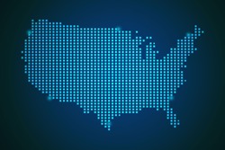 Blue map of United States of America - USA polka dots on dark background symbol for your web site design map logo, app, ui, travel vector eps10.