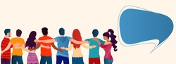 Group of people of diverse culture seen from behind embracing each other.Cooperation and help between people.Community.Care and assistance.Concept of solidarity friendship and charity