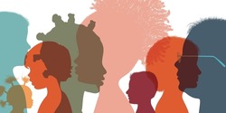 Heads faces colored silhouettes multicultural and multiethnic diversity children in profile. Kindergarten or elementary school education. Concept of study education and learning. Friends