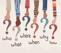 Multicultural people arms holding in hand colorful question marks with Who-what-where-when-why-how text.Investigate and solve questions. Problem solving - Brainstorming.Question and answer