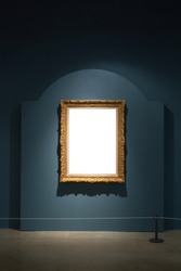 Gallery Interior with empty frame on blue wall