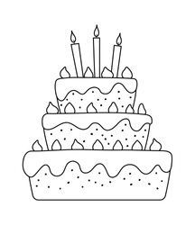 Vector black and white birthday cake with candles. Cute funny b-day dessert illustration for card, poster, print design. Holiday line icon for kids isolated on white background