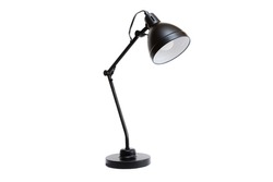 Black lamp on a white background. Front side view. Modern Scandinavian style desk lamp. Minimalistic interior decoration object.