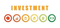 Investment, wealth and business concept. Icons such as real estate, accounting, graph growing, money and finance, and banking on white background for presentation, web banner, article. 