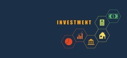 Investment, wealth and business concept. Icons such as real estate, accounting, graph growing, money and finance, and banking on dark blue background for presentation, web banner, article. 