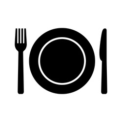 Plate, fork and knife icon in flat style. Food symbol isolated on white background. Bar, cafe, hotel concept. Simple eating icon in black. Vector illustration for graphic design, Web, UI, mobile upp