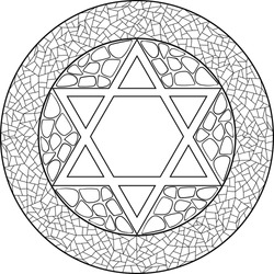 A star of David illustration mandala, decorated with Jerusalem stone and mosaic framing.
Use for Jewish holidays decorations, coloring activities, travel blogs, postcards and more