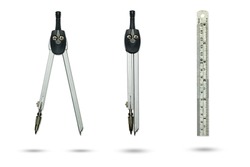 Compasses drawing and metal ruler isolated on a white background. There is a pencil lead inserted at the end of the compasses. It is a tool to learn about geometric patterns of architects in schools.