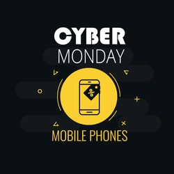 Graphics on cyber monday with a phone icon. Vector illustration with black background.