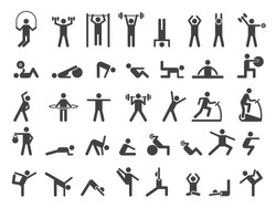 Fitness symbols. Sport exercise stylized people making exercises vector icon