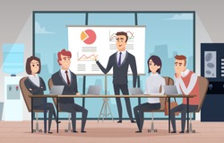 Meeting office interior. Business conference room with people managers working team vector cartoon interior