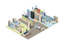 Retail electronics market. Isometric shop interior with appliances hardware tablets pc electrical technic vector