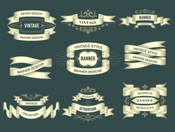 Retro badges. Hand drawn ribbons with place for text vintage sketched swirls tapes recent vector illustrations