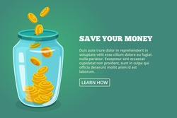 Save your money. Concept picture with glossy jar and gold coins. Vector illustration