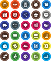 White Solid Icon Set- hand mill vector, calculator, exam, coin stack, presentation board, any currency, yen sign, client, car, clipboard, dry cargo, warehouse, music hit, speaking man, eye, network