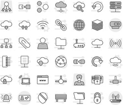 Editable thin line isolated vector icon set - check in, laptop wifi vector, cloud, service, wireless, share, woman, internet, connect, network folder, server, glass, shield, lock, exchange, big data
