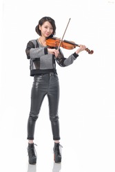 Full body portrait of young pretty woman playing violin-white background