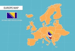 Bosnia and Herzegovina map in Europe, icons showing Bosnia and Herzegovina location and flags.