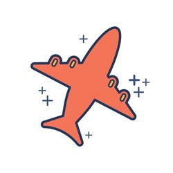Airplane flat icon illustration design with orange color and plus sign. 