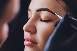 beautician- makeup artist applies paint henna on previously plucked, design, trimmed eyebrows in a beauty salon in the session correction. Professional care for face.
