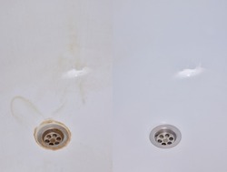 Compare before and after clean the Dirty sink, rusty stain on an old and dirty sink and a rusty metal drain in the bathroom