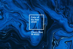 Classic blue color of the year 2020. Bright blue and white marble background. Liquid stripy minimalistic trendy paint texture. Abstract fluid art. Acrylic and oil flow modern creative backdrop