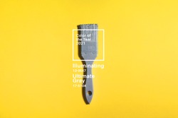 Grey brush on yellow background, trend and mod colors of 2021 year. Minimalistic vibrant picture for article, banner or poster. Ultimate Gray and Illuminating