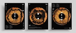 Abstract acrylic poster with eyes, fluid art vector texture collection. Trendy background that applicable for design cover, invitation, presentation and etc. Black, orange and brown creative artwork.