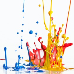 Fun conceptual colorful dancing thick paint splashes against a white background.