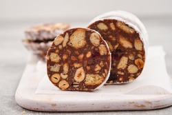 Chocolate salami or chocolate chorizo is a traditional Portuguese dessert made from dark chocolate, broken cookies, butter, eggs and a bit of port wine or rum. It is popular throughout Europe