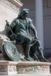 Historical bronze statue of Toldi Miklós in the old town of Budapest, Hungary, Europe. Arany János Memorial (19th-century poet) is located in front of the National Museum.