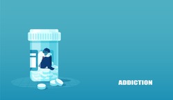 Vector of a sick sad patient man in depression drowning in medications sitting inside a bottle. Concept of drug addiction. 