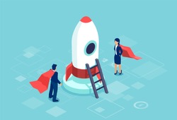 Business startup concept. Vector of a super hero businesswoman and buisnessman standing next to a rocket as a symbol of successful entrepreneurship, innovation and technology